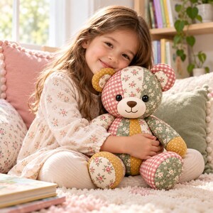 Pode incluir: Um urso de peluche feito de v&aacute;rios retalhos de tecido com padr&otilde;es florais em verde, rosa e branco, juntamente com tecido de xadrez vichy rosa e branco e tecido de bolinhas amarelo mostarda, com olhos de pl&aacute;stico preto e nariz bordado castanho.
