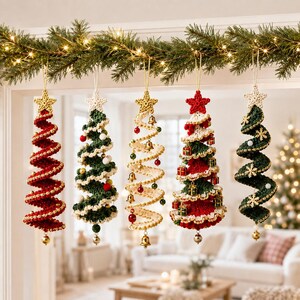 May include: Five hanging spiral Christmas tree ornaments made of crocheted yarn. The ornaments feature various designs including red, green, and cream colors, accented with small bells, miniature gift boxes, pom-poms, and star-shaped toppers.