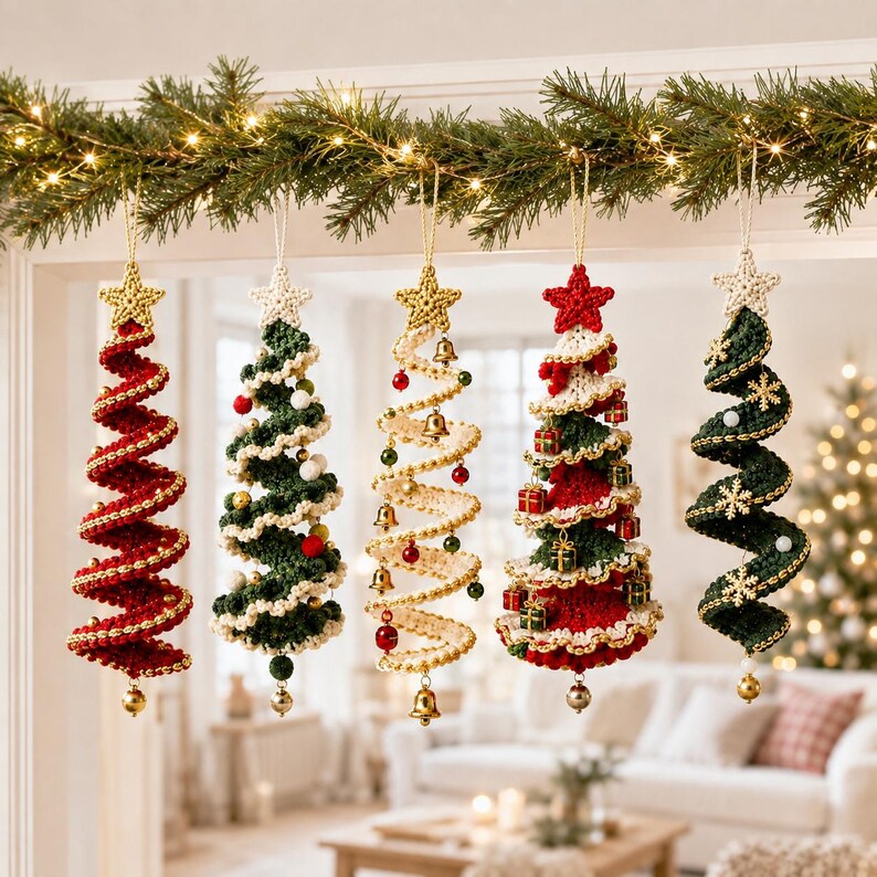 May include: Five hanging spiral Christmas tree ornaments made of crocheted yarn. The ornaments feature various designs including red, green, and cream colors, accented with small bells, miniature gift boxes, pom-poms, and star-shaped toppers.