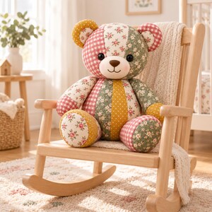 Pode incluir: Um urso de peluche feito de v&aacute;rios retalhos de tecido com padr&otilde;es florais, xadrez vichy vermelho e branco e bolinhas amarelo-mostarda. O urso tem olhos pretos redondos, um nariz bordado castanho e uma boca sorridente num rosto creme.
