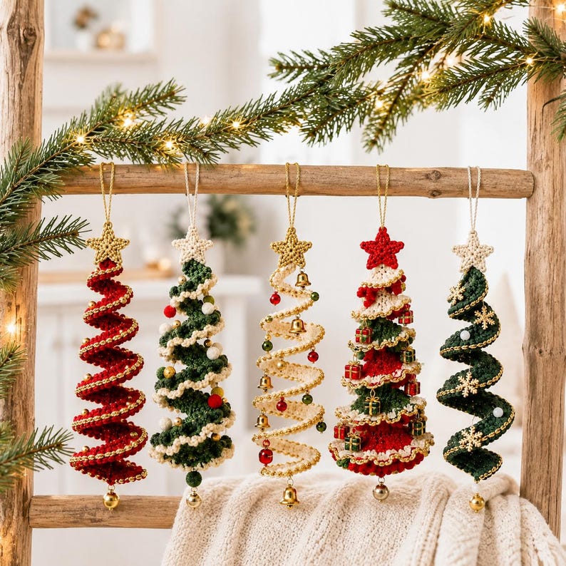 May include: Five spiral-shaped Christmas tree ornaments made of crocheted yarn. Each ornament features a star at the top and hangs from a gold string. The trees are decorated with small beads, bells, miniature gift boxes, and snowflake accents.