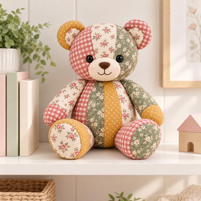 Pode incluir: Um urso de peluche de patchwork feito de v&aacute;rios padr&otilde;es de tecido, incluindo xadrez vichy vermelho e branco, estampados florais verdes e amarelo mostarda s&oacute;lido. O urso apresenta olhos de bot&atilde;o pretos, nariz castanho e boca sorridente.