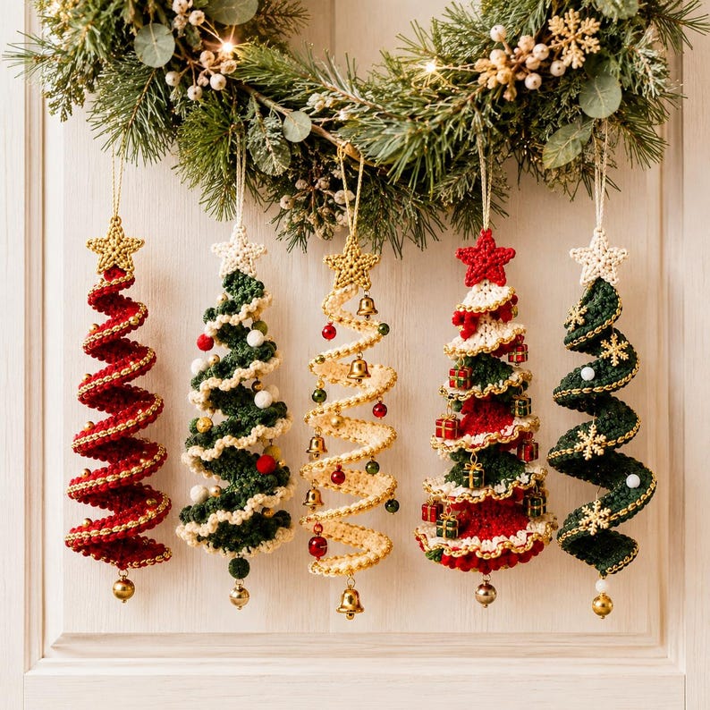 May include: Five spiral-shaped crochet Christmas tree ornaments hanging from a wreath. Each tree features a star topper and unique embellishments including miniature bells, tiny gift boxes, white pom-poms, and gold snowflake accents in red, green, and cream yarn.
