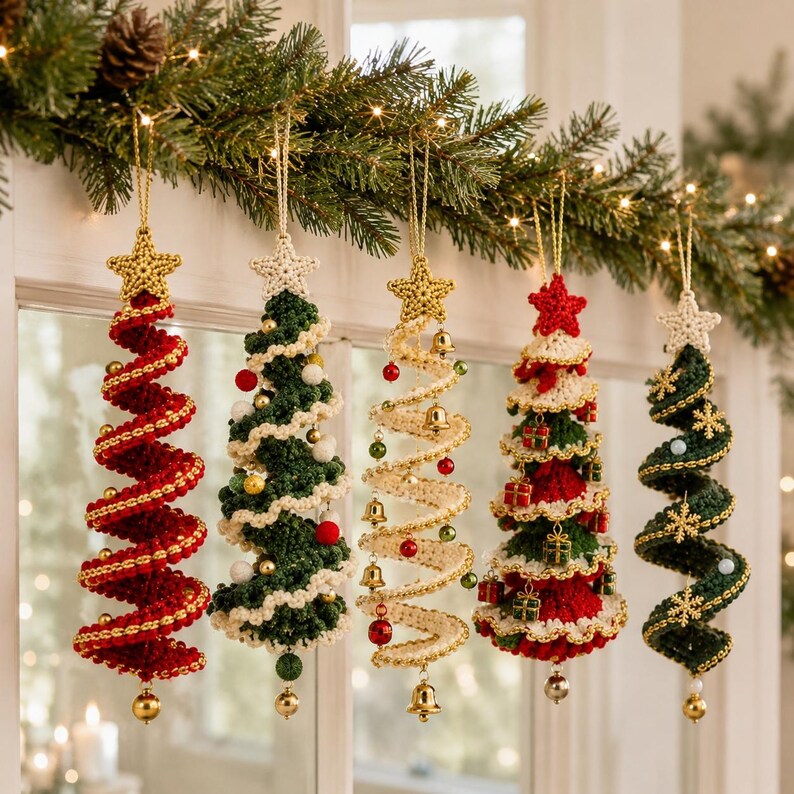 May include: Five spiral-shaped Christmas tree ornaments made of crocheted yarn, each topped with a star. The trees feature various colors including red, dark green, and cream, decorated with small bells, beads, and miniature gift boxes.