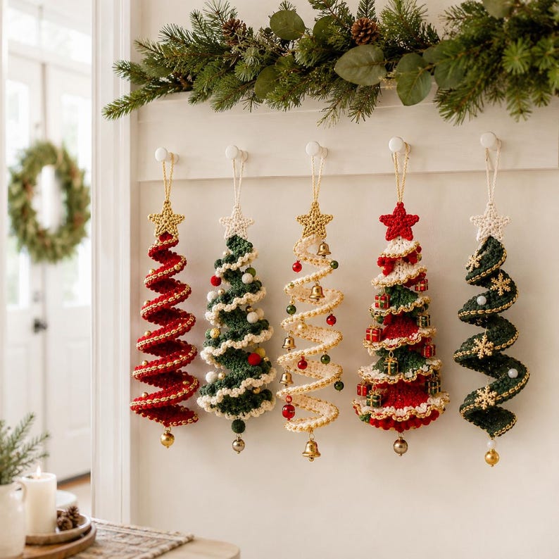 May include: Five spiral-shaped crochet Christmas tree ornaments hanging from a white wall rack. Each tree features a star topper and unique embellishments including miniature bells, colorful pom-poms, tiny gift boxes, and gold snowflake accents.