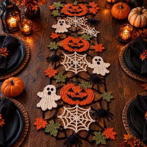 Puede incluir: Un camino de mesa de ganchillo largo y rectangular con un patrón repetitivo de Halloween. El diseño incluye calabazas naranjas, fantasmas blancos, telarañas color crema, arañas negras y pequeñas hojas de otoño verdes y naranjas.