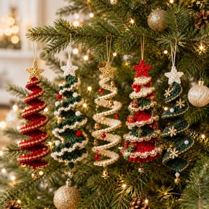 May include: Five spiral-shaped Christmas tree ornaments made of crocheted yarn. Each ornament features a star at the top and hangs from a string. The designs include red, dark green, and cream colors with accents like small bells, beads, and tiny gift boxes.