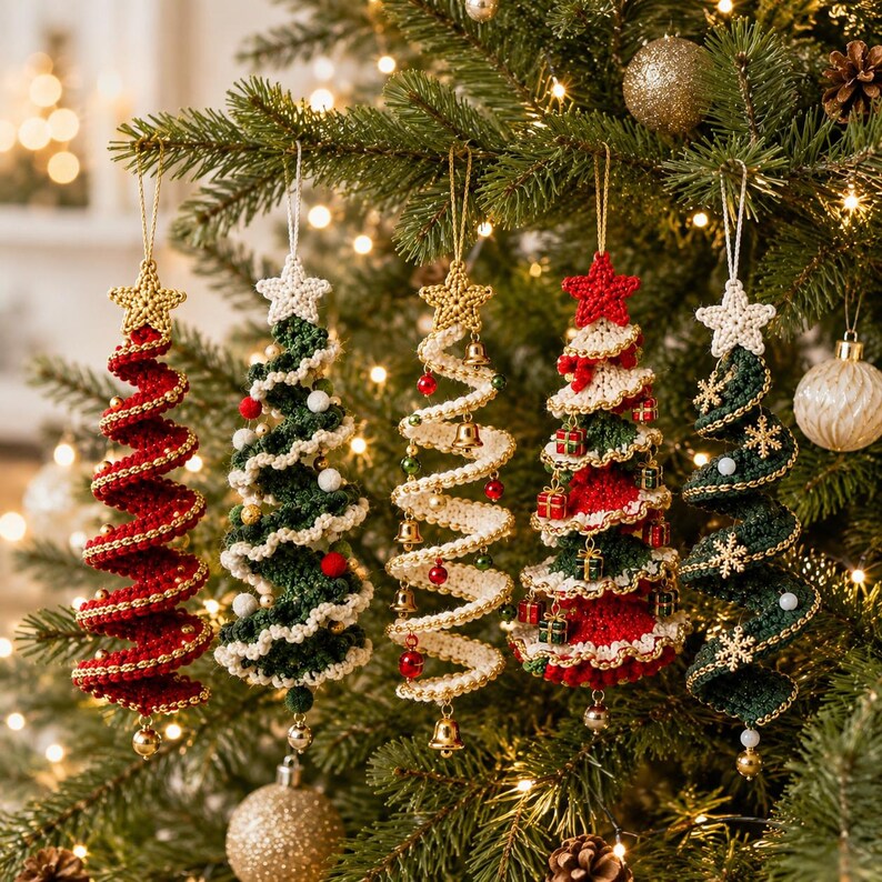 May include: Five spiral-shaped Christmas tree ornaments made of crocheted yarn. Each ornament features a star at the top and hangs from a string. The designs include red, dark green, and cream colors with accents like small bells, beads, and tiny gift boxes.