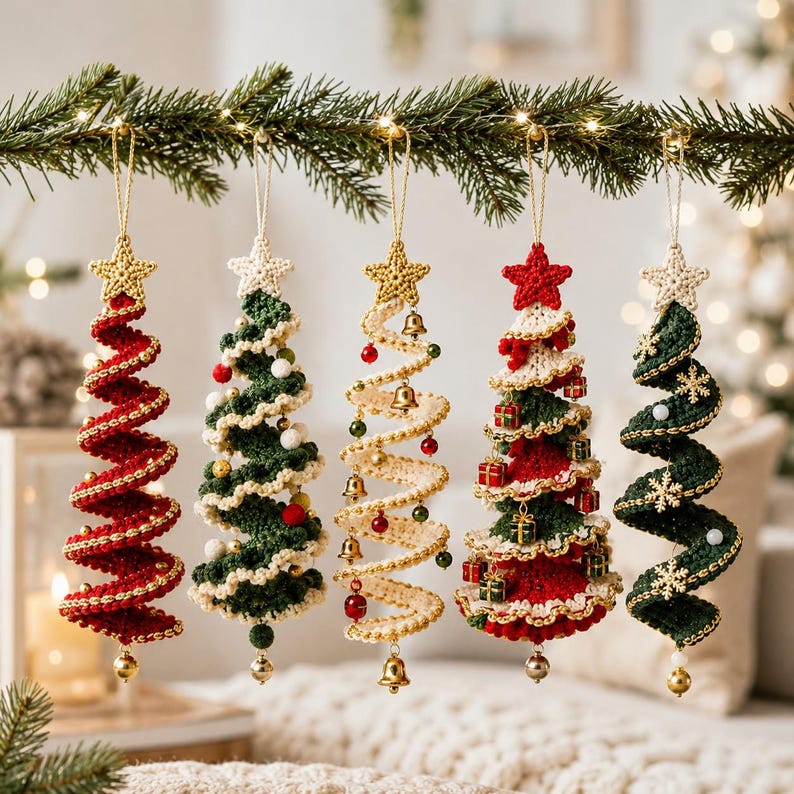 May include: Five spiral-shaped Christmas tree ornaments made of crocheted yarn, each topped with a star. The ornaments feature various colors including red, green, and cream, decorated with small bells, miniature gift boxes, and snowflake accents.