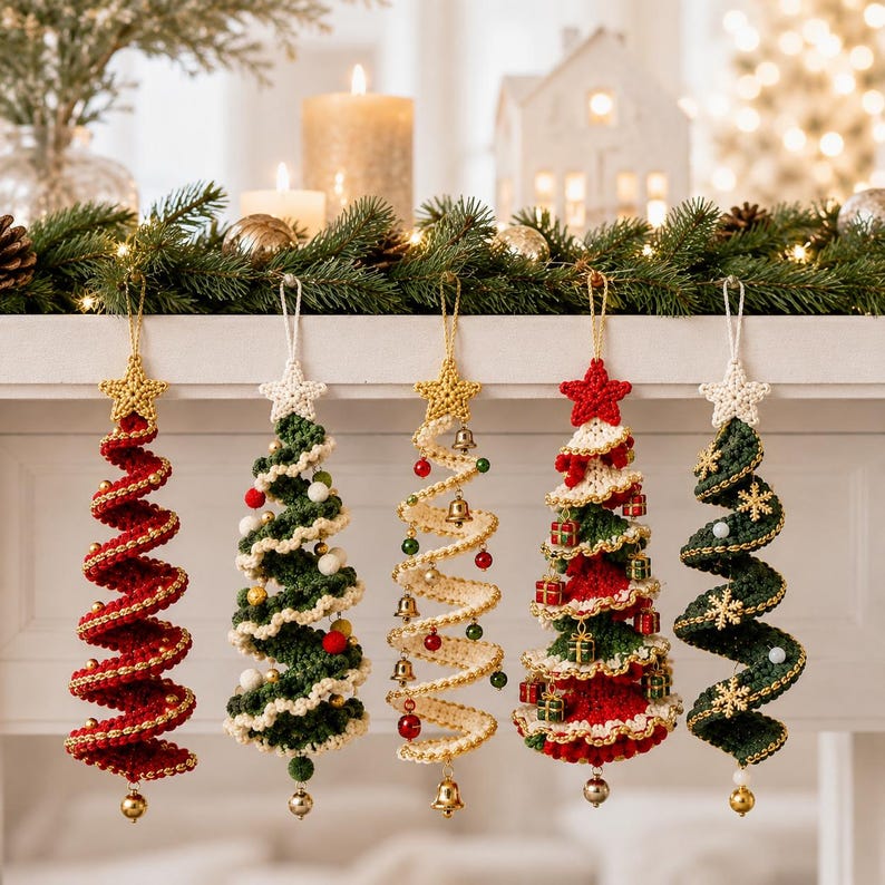 May include: Five spiral-shaped crochet Christmas tree ornaments hanging in a row. Each features a star topper and unique embellishments: gold beads on red, colorful pom-poms on green, small bells on cream, miniature gift boxes on red and green, and gold snowflakes on dark green.