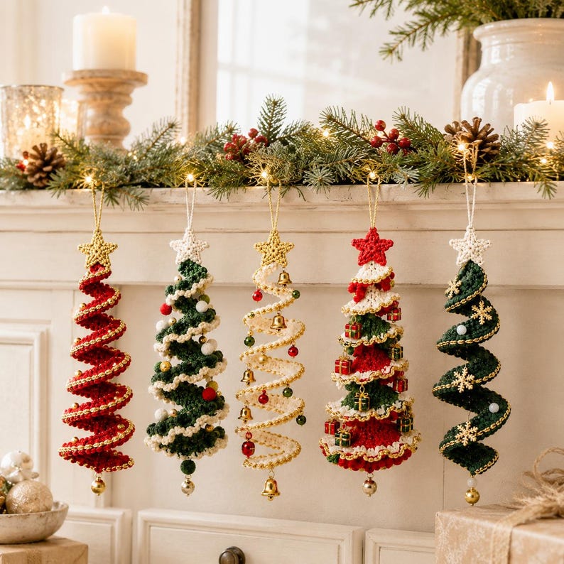 May include: Five spiral-shaped crochet Christmas tree ornaments hanging in a row. Each tree features a small crocheted star at the top and various embellishments including miniature bells, tiny gift boxes, white pom-poms, and gold snowflakes.