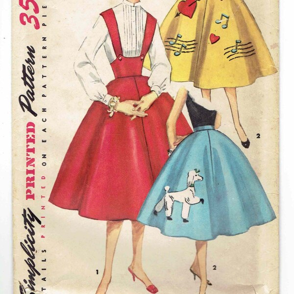 Jupe caniche vintage Simplicity 1664, jupe évasée junior, bretelles, applications, patron de couture, tour de taille 25, hanches 34, coupe complète