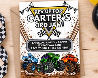 May include: A rectangular party invitation card featuring three monster trucks, a yellow triangular sign with the text REV UP FOR CARTER'S 3RD JAM!, and a metallic plaque with event details including Saturday, June 13, 2:00PM, 123 Raceway Lane.