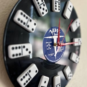 Upcycled Vinyl Record Clock with Dominoes | Retro Wall Art, Music Lover Gift