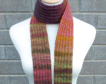 Hand Knit Skinny Scarf: Multicolor Acrylic - Autumn Colors - 3 Inch Wide