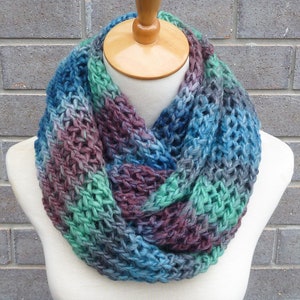 Hand Knitted Multicolor Wool Infinity Scarf: Blue, Burgundy, Green