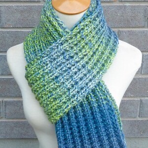 Multicolor Merino Wool Scarf - Blue and Green Wool Scarf - Chunky Knit Scarf - Ready to Ship