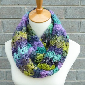 Hand Crocheted Wool Infinity Scarf: Turquoise, Purple, Green Metallic Thread