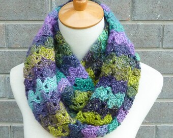 Muilticolor Wool Infinity Scarf - Turquoise, Purple, and Green Infinity Scarf - Circle Scarf - Crochet Infinity Scarf - Ready to Ship