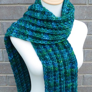 Malabrigo Rasta Merino Wool Scarf - Luxury Green and Blue Merino Wool Scarf - Long Wool Scarf -  Bulky Knit Scarf - Ready to Ship