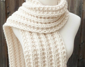 Off White Wool Scarf - Cream Wool Scarf - Lambswool Scarf - Bulky Knit Scarf - Ready to Ship