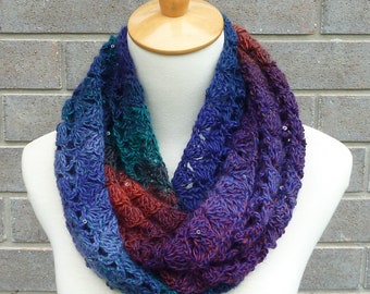 Multicolor Infinity Scarf - Blue, Purple, Rust, and Green Infinity Scarf - Wool Infinity Scarf - Crochet Infinity Scarf - Ready to Ship