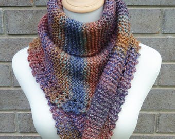 Hand Knitted Triangle Scarf: Soft Acrylic Bactus - Autumn Colors