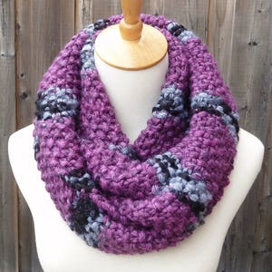 Hand Knitted Wool Blend Infinity Scarf: Purple, Gray, and Black