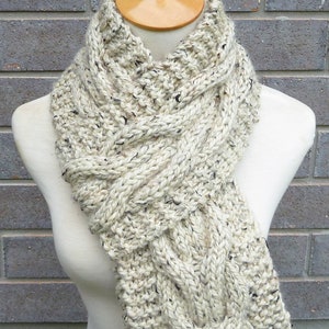 Oatmeal Wool Cable Scarf - Beige Wool Scarf with Black and Brown Flecks - Lambswool Scarf - Bulky Knit Scarf - Ready to Ship