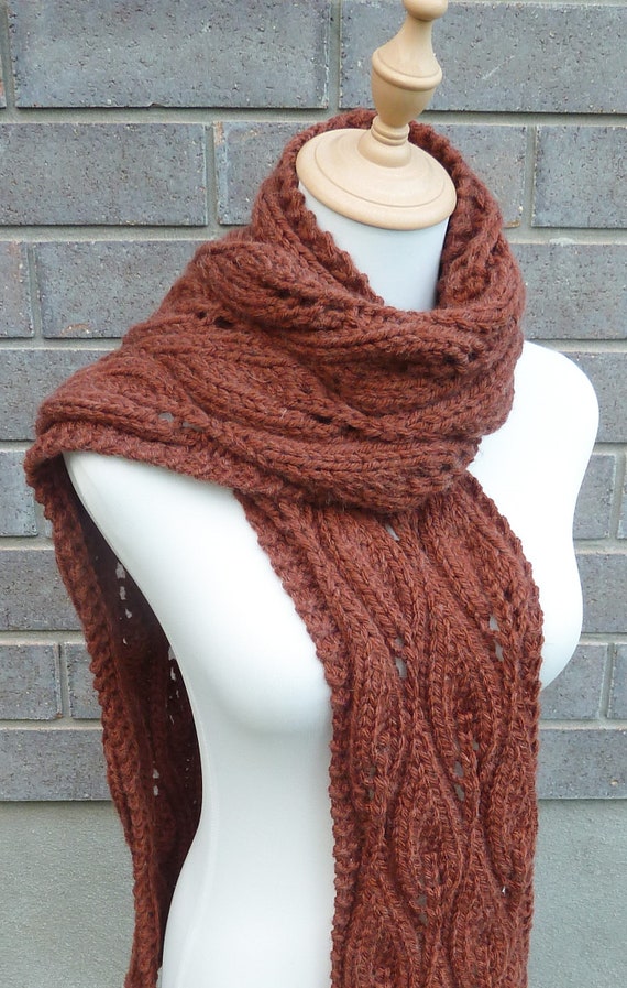 Hand Knit Rust Orange Wool Blend Scarf: Bulky Cable Knit