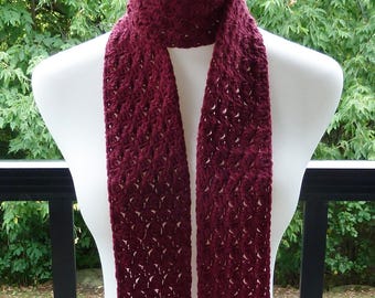Merino Wool Crochet Skinny Scarf - Berry - Pewter - Hand Knit - 3.5 Inch Wide