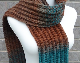 Hand Knitted Chunky Scarf: Turquoise, Brown, Burnt Orange Acrylic