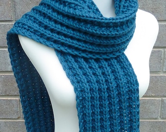 Hand Knit Teal 100% Wool Scarf - Ribbed Bulky Knit