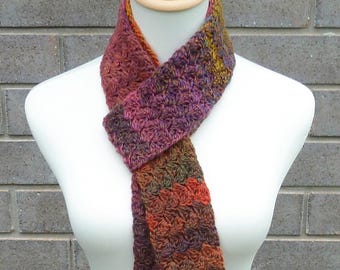 Écharpe fine crochetée à la main : acrylique multicolore - couleurs d'automne - 7,5 cm de large