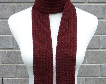 Hand Knit Burgundy & Cherry Red Wool Skinny Scarf - 3 Inch Wide