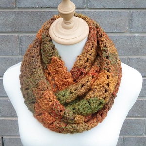 Crochet Infinity Scarf: Multicolor Acrylic Circle Scarf - Burnt Orange, Brown, Green, Yellow
