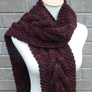 Hand Knitted Lambswool Cable Scarf: Maroon, Chestnut, Green
