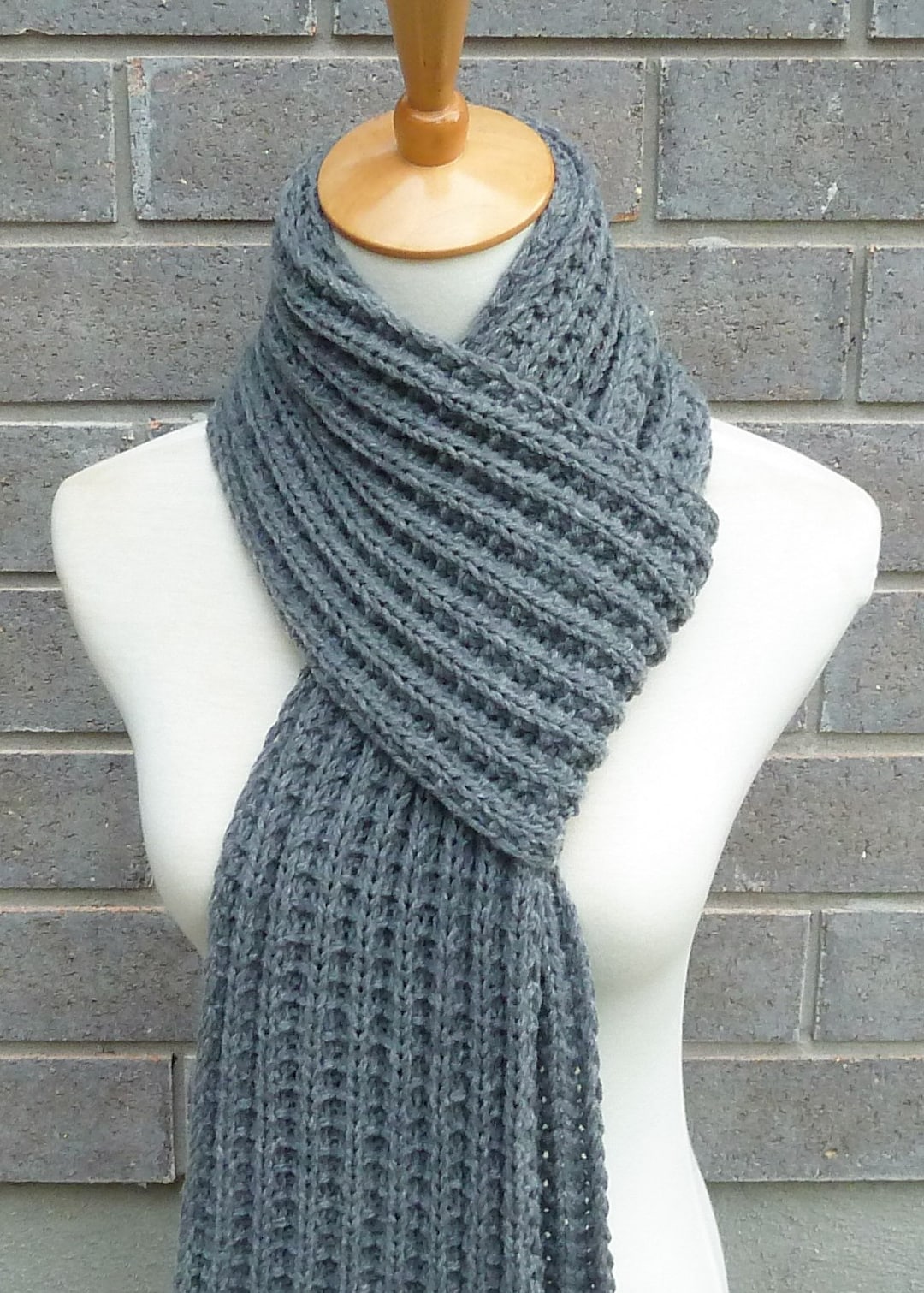 Hand Knit Grey Merino Wool Blend Scarf - Ribbed Unisex Long Scarf ...