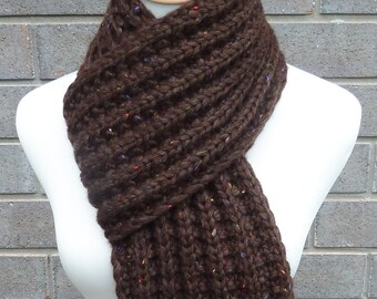 Earthy Brown Merino Wool Scarf - Brown Scarf with Blue, Red, and Yellow Flecks -  Merino Wool and Alpaca Scarf - Long Scarf - Ready to Ship