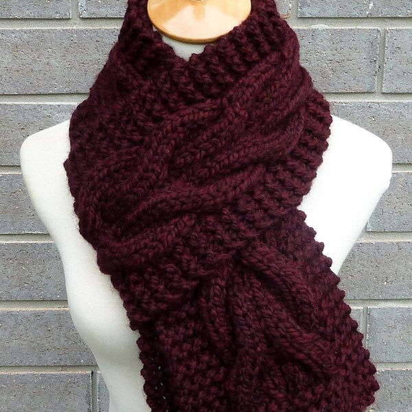 Handmade knitted skinny scarf in burgundy