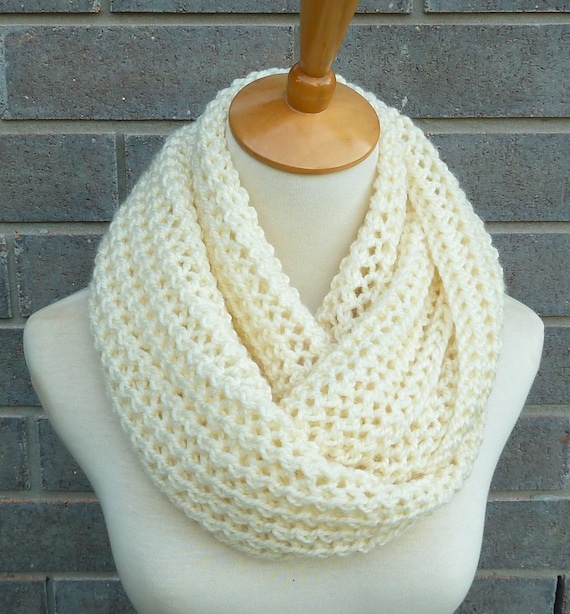 Hand Knitted Cream Wool Blend Infinity Scarf: Chunky Circle Scarf