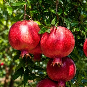 May include: Several round, bright red pomegranates hang from a tree branch. The fruits have smooth, firm skins with a distinct crown at the base. They are surrounded by dark green, glossy, lance-shaped leaves that provide a dense, natural canopy.