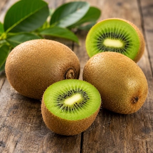 May include: Two whole brown fuzzy kiwi fruits and two halved kiwi fruits showing bright green flesh with small black seeds arranged in a radial pattern, accompanied by a small cluster of green leaves with visible veins and smooth edges.