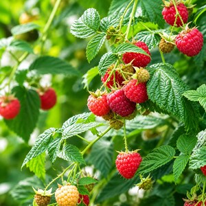 May include: A cluster of ripe red raspberries hanging from a green leafy bush. The berries feature a textured, bumpy surface and are attached to thin stems. Some berries are deep red, while others are lighter, and one is pale yellow.
