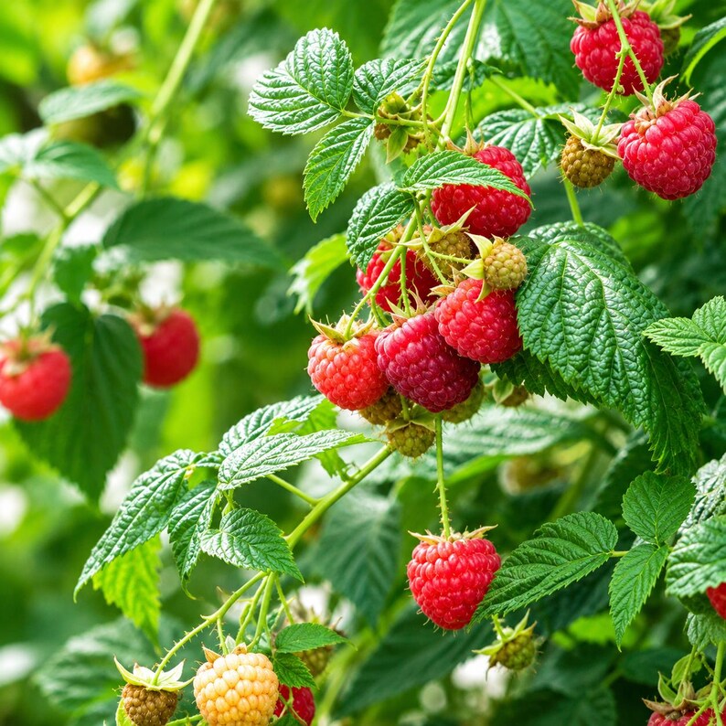 May include: A cluster of ripe red raspberries hanging from a green leafy bush. The berries feature a textured, bumpy surface and are attached to thin stems. Some berries are deep red, while others are lighter, and one is pale yellow.