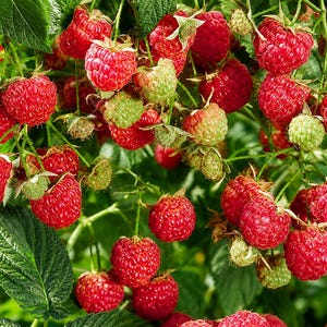 May include: A cluster of ripe, vibrant red raspberries hanging from green stems among dark green leaves. Several smaller, unripe pale green raspberries are interspersed throughout the plant, showing various stages of growth and development.