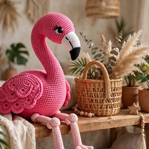 Könnte beinhalten: Ein leuchtend rosa gehäkeltes Flamingo-Plüschtier mit langem, gebogenem Hals, einem weiß-schwarzen Schnabel und detaillierten Flügelfedern. Der Flamingo hat große schwarze Augen mit langen Wimpern und hellrosa Beine, die von der Fläche herabhängen.