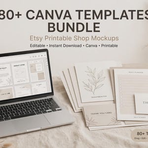 May include: A laptop displaying a Canva interface with a bundle of printable templates. The screen shows various document layouts. Beside the laptop are several printed cards and sheets featuring botanical line art and the text Thank You.