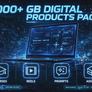 May include: A laptop displaying a digital interface with the text 1000+ GB DIGITAL PRODUCTS PACK. Below are four icons labeled COURSES, REELS, PROMPTS, and ASSETS. The background features a blue glowing circuit board pattern and tech graphics.