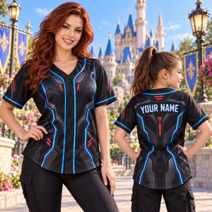 May include: A black button-down baseball jersey featuring a futuristic geometric pattern in shades of grey, accented with vibrant blue piping and red rectangular details. The back of the jersey displays the customizable text YOUR NAME in white letters.